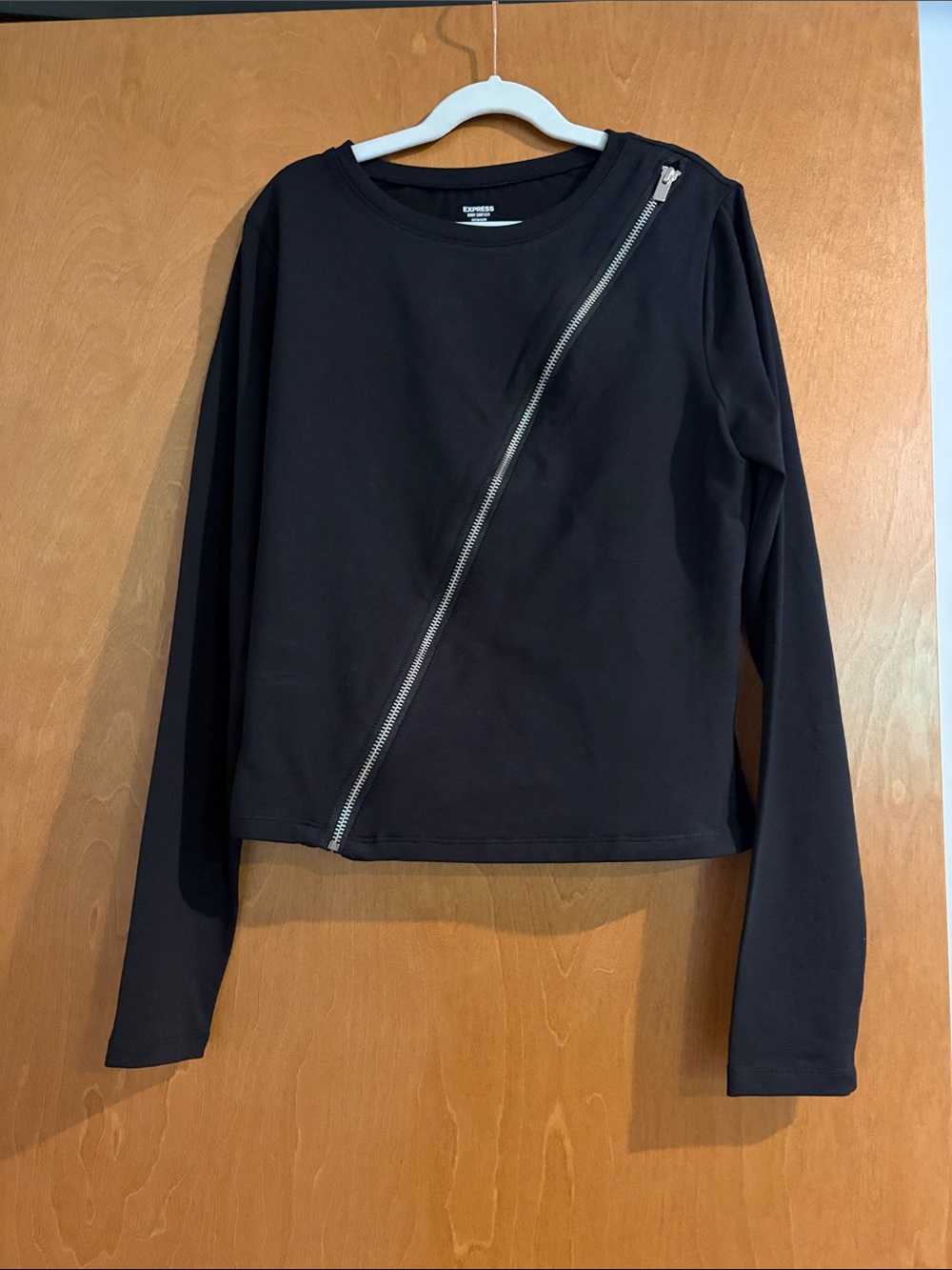 Express Black Long Sleeve Pullover with Diagonal Silver Zip